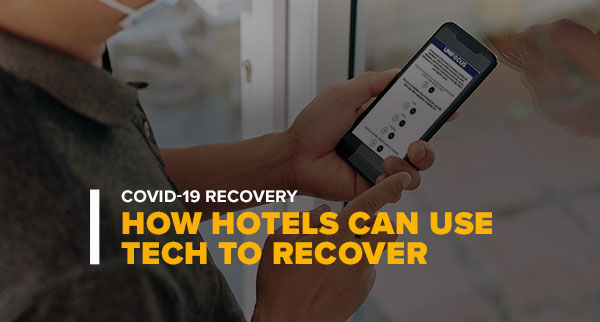 Man Looking at a Phone WFM System With Text: Covid-19 Recovery How Hotels Can Use Tech to Recover